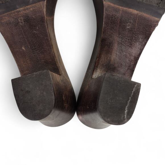 MIA Woven Leather Wood Platform Sandals Brown Buckle Slide Heels Size 8 - Picture 6 of 16